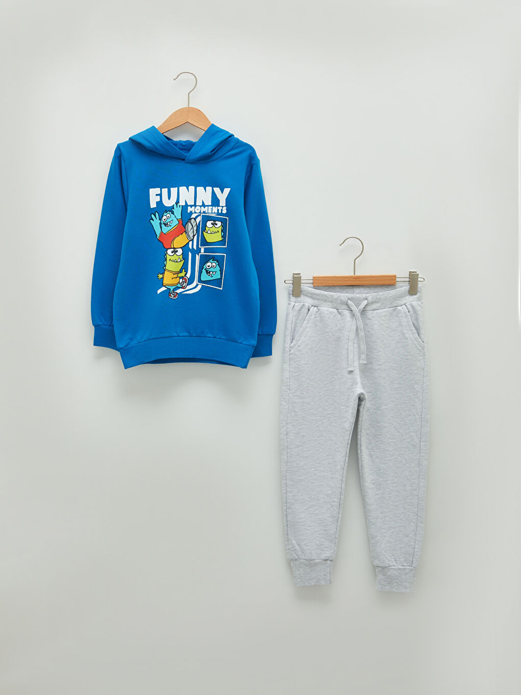 Mavi Kapüşonlu Baskılı Uzun Kollu Erkek Çocuk Sweatshirt ve Eşofman Altı