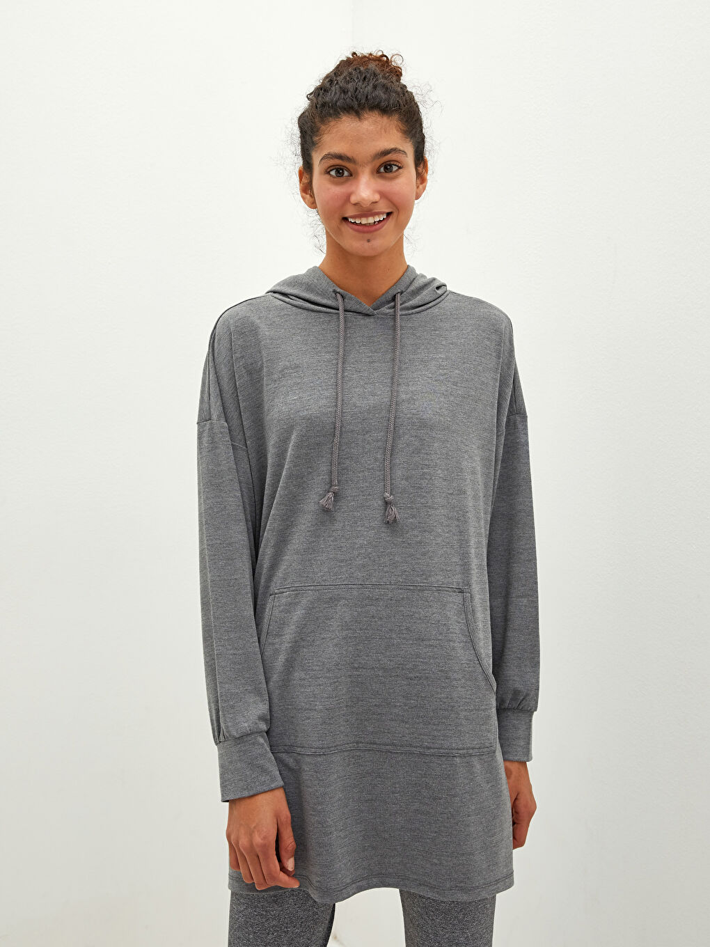 Women's Pajama Top With Hood Collar Plain Long Sleeve Pocket Detailed