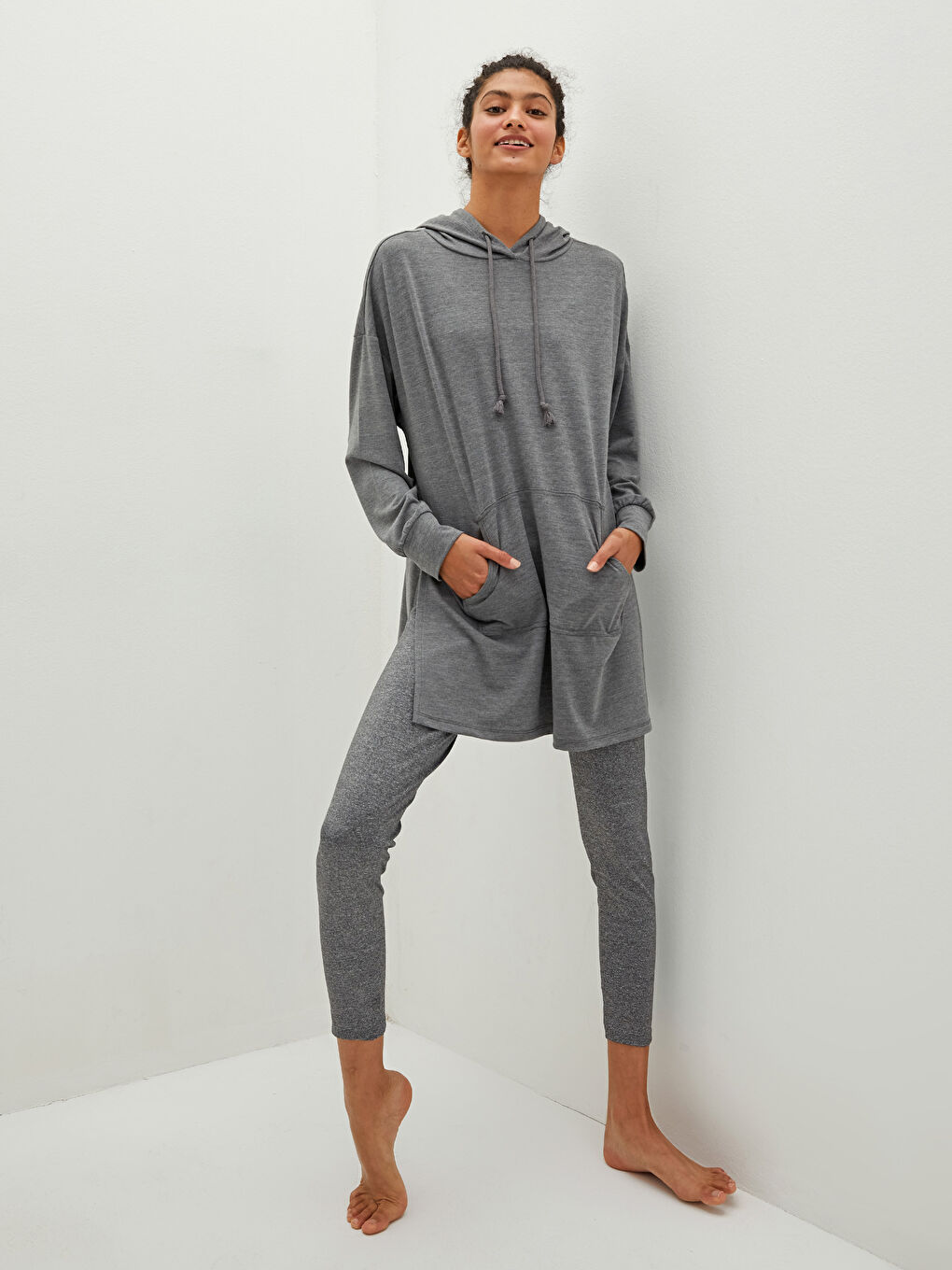 Women's Pajama Top With Hood Collar Plain Long Sleeve Pocket Detailed-3