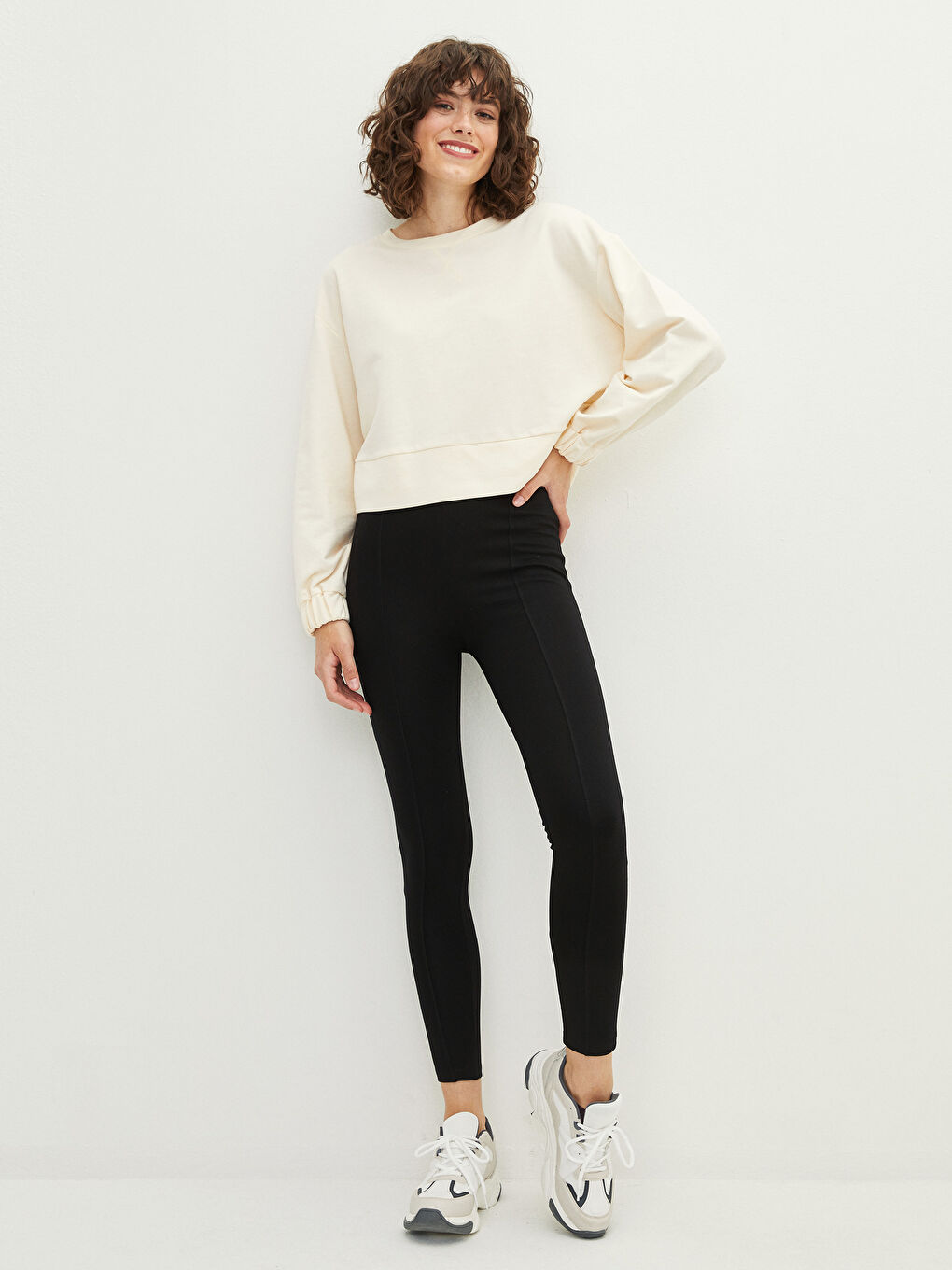 Siyah Kadın Beli Lastikli Düz Tayt-1