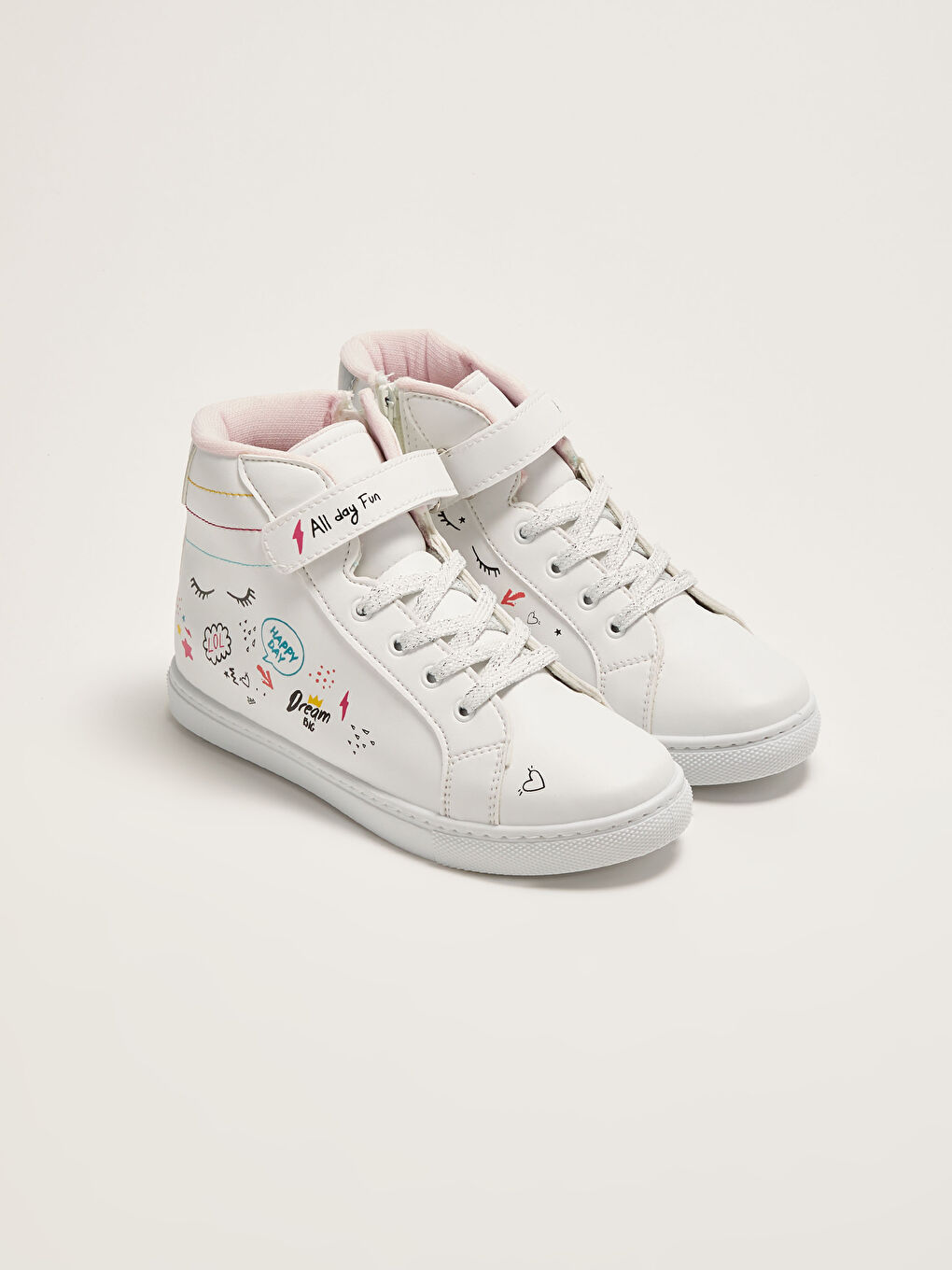 Beyaz Baskılı Cırt Cırtlı Bilek Boy Kız Çocuk Spor Ayakkabı
