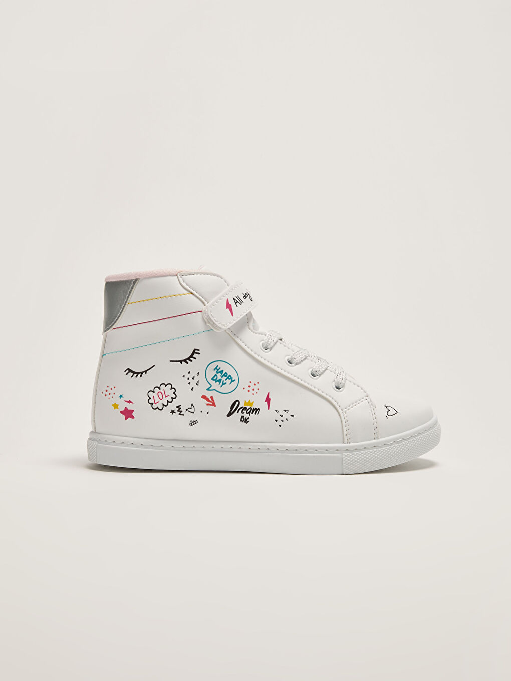 Beyaz Baskılı Cırt Cırtlı Bilek Boy Kız Çocuk Spor Ayakkabı-1