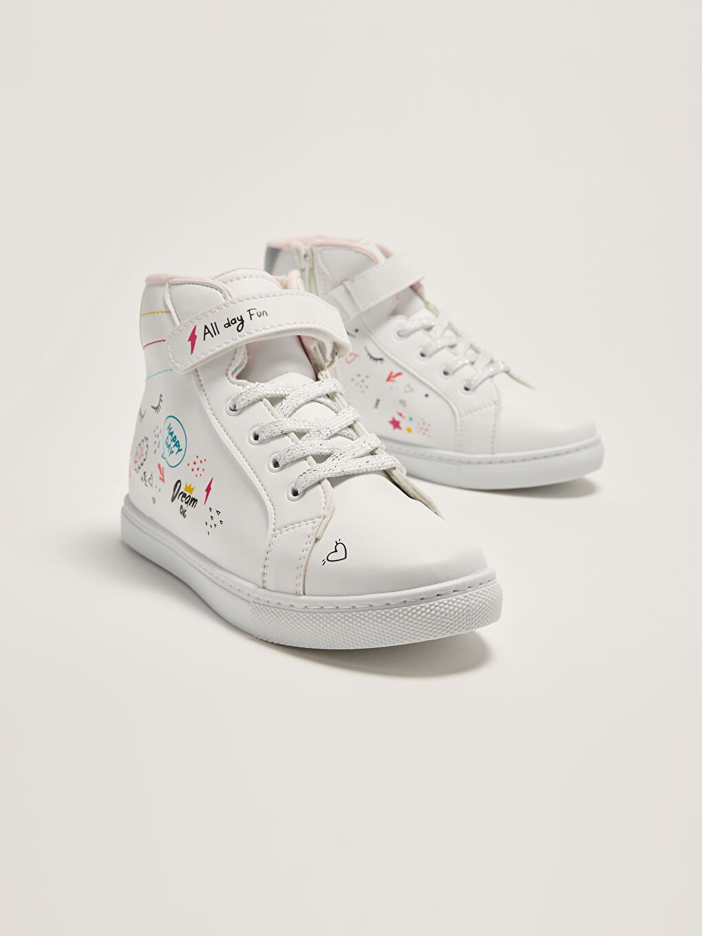 Beyaz Baskılı Cırt Cırtlı Bilek Boy Kız Çocuk Spor Ayakkabı-2