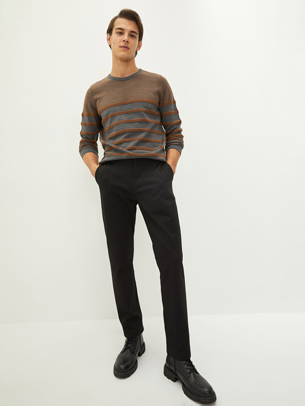 Crew Neck Long Sleeve Striped Men's Knitwear Sweater-7