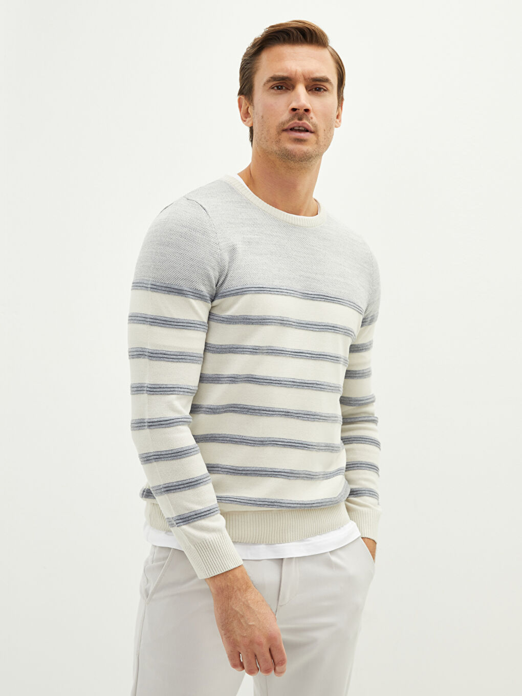 Bej Bisiklet Yaka Uzun Kollu Çizgili Erkek Triko Kazak-1