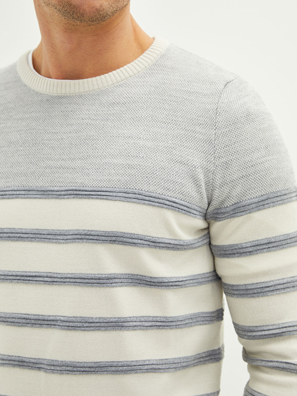 Bej Bisiklet Yaka Uzun Kollu Çizgili Erkek Triko Kazak-3