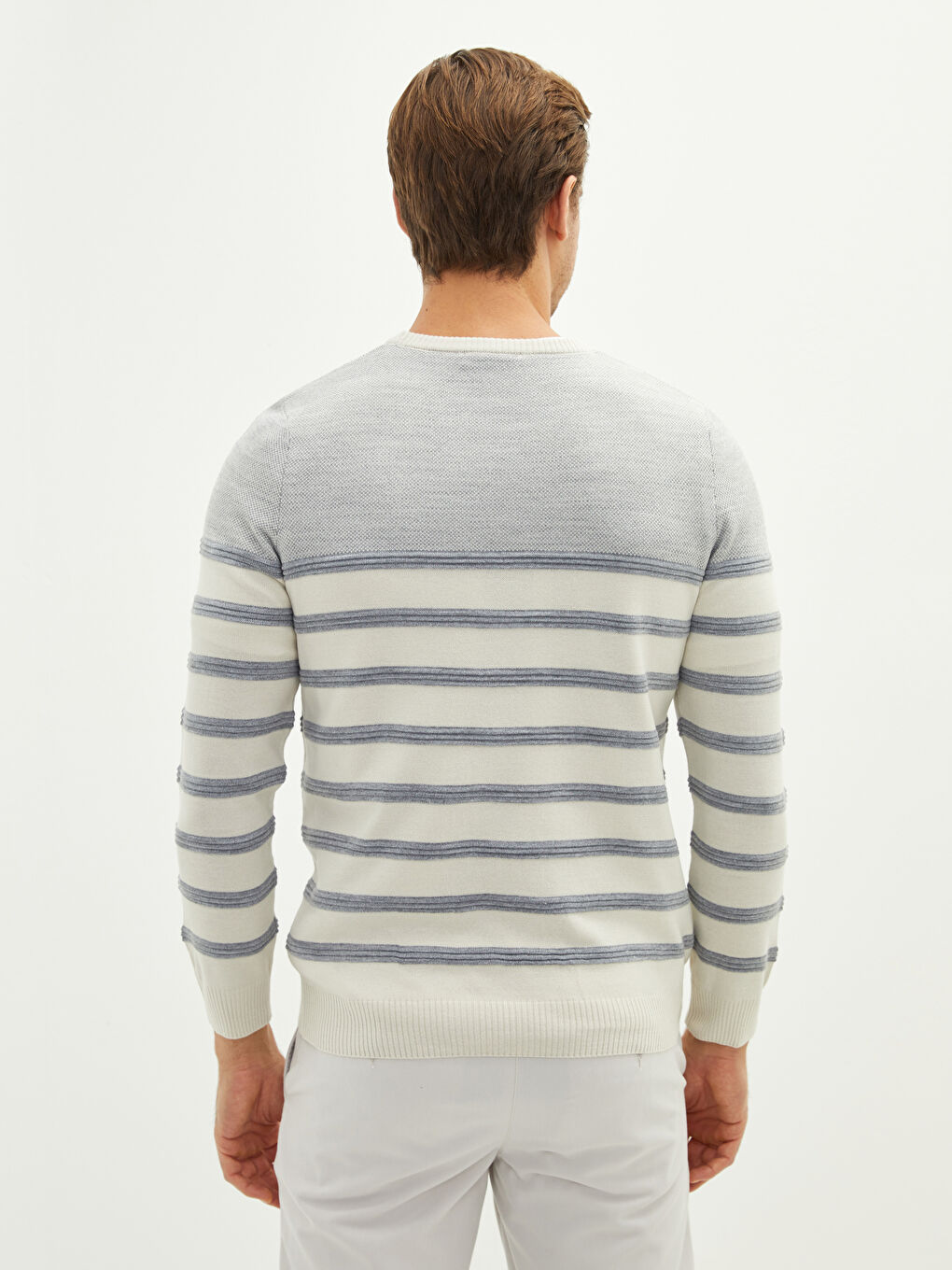 Bej Bisiklet Yaka Uzun Kollu Çizgili Erkek Triko Kazak-4