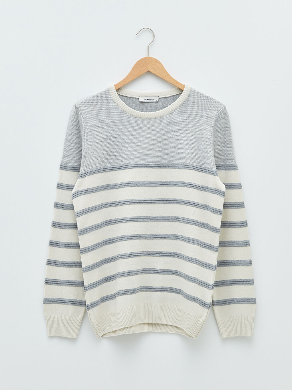 Bej Bisiklet Yaka Uzun Kollu Çizgili Erkek Triko Kazak-5