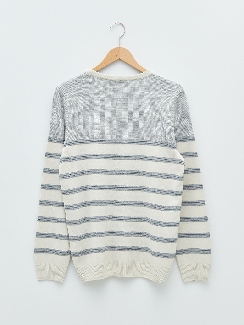 Bej Bisiklet Yaka Uzun Kollu Çizgili Erkek Triko Kazak-6