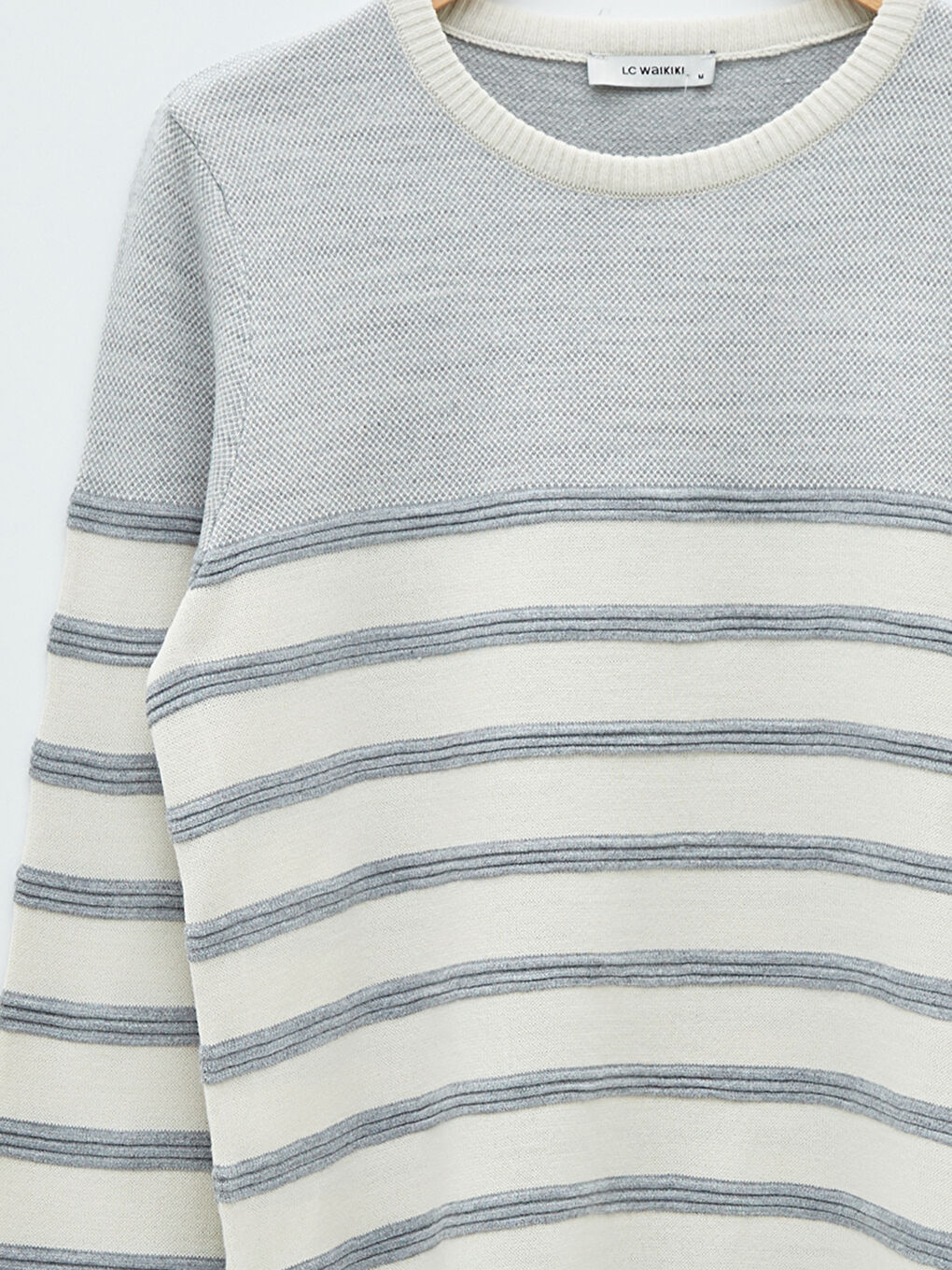 Bej Bisiklet Yaka Uzun Kollu Çizgili Erkek Triko Kazak-7