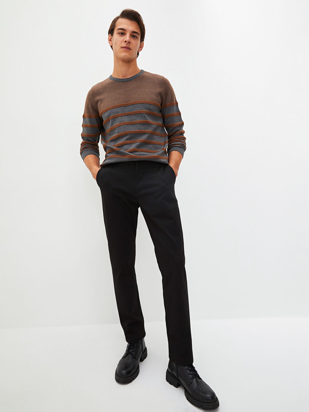 Crew Neck Long Sleeve Striped Men's Knitwear Sweater-6