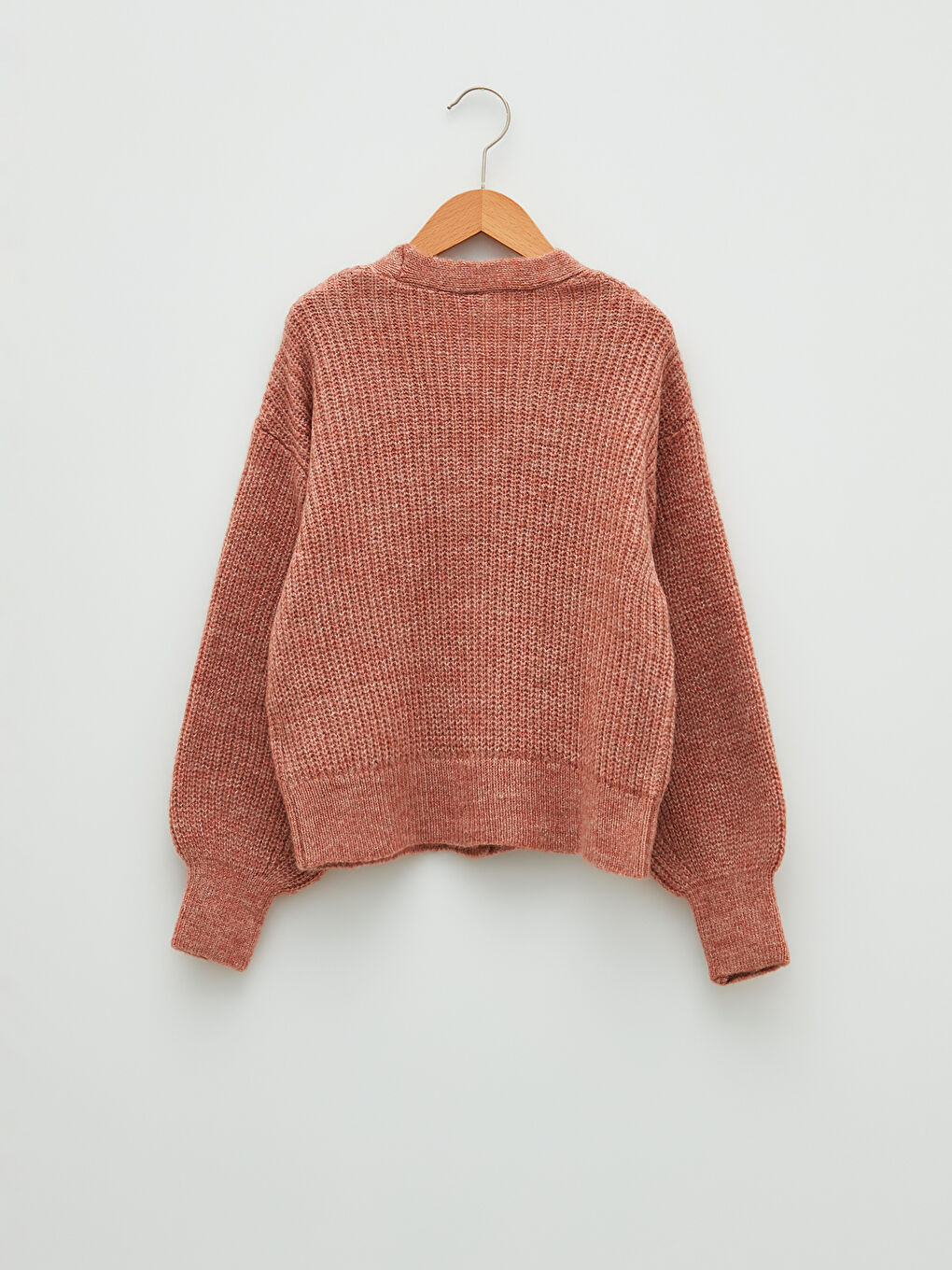 Pembe V Yaka Basic Uzun Kollu Kız Çocuk Triko Hırka-1