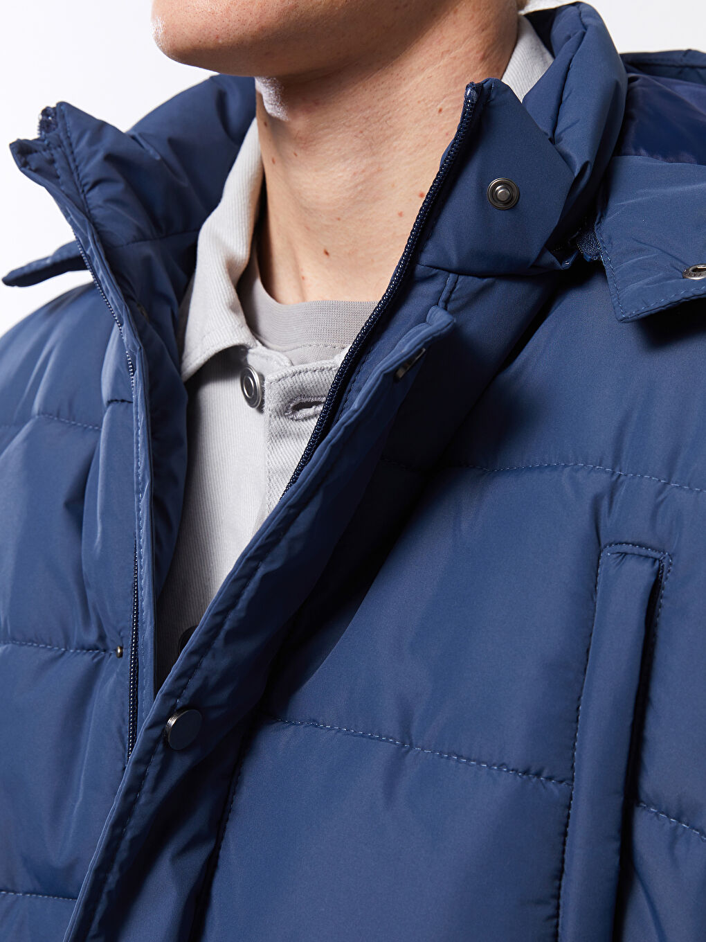 Lacivert Standart Kalıp Kapüşonlu Erkek Şişme Mont-2