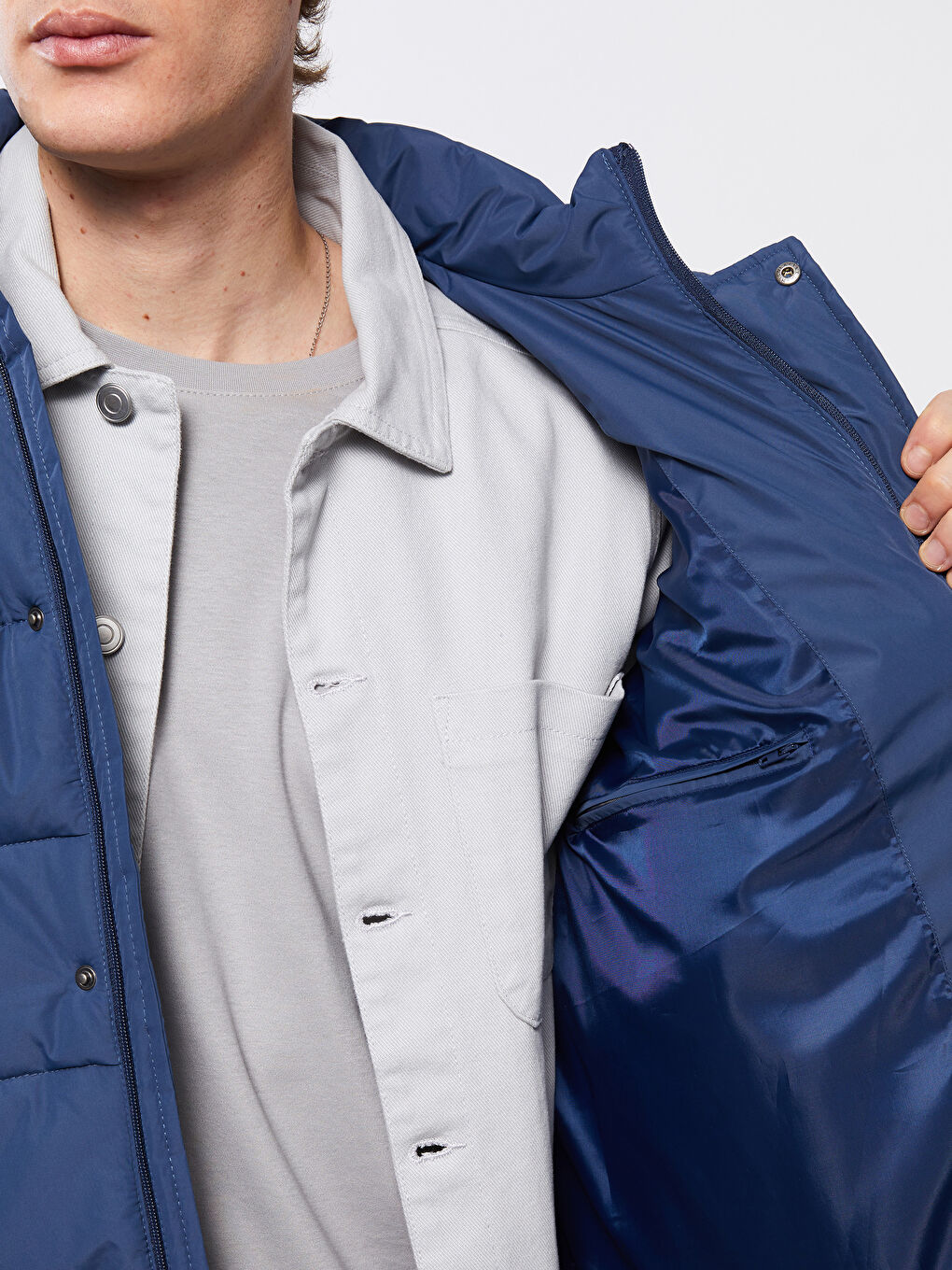 Lacivert Standart Kalıp Kapüşonlu Erkek Şişme Mont-3