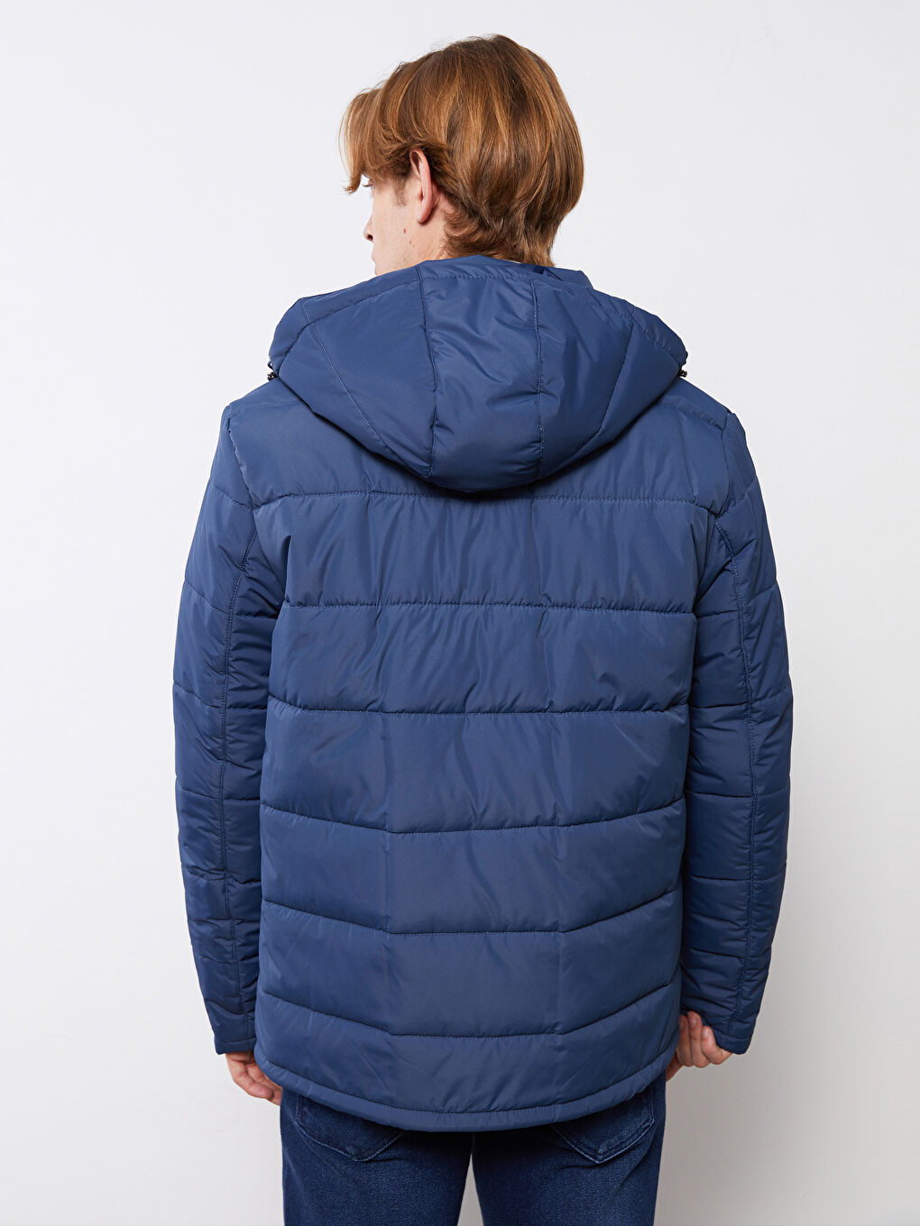 Lacivert Standart Kalıp Kapüşonlu Erkek Şişme Mont-4