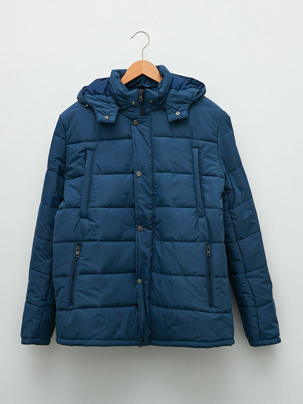 Lacivert Standart Kalıp Kapüşonlu Erkek Şişme Mont-5