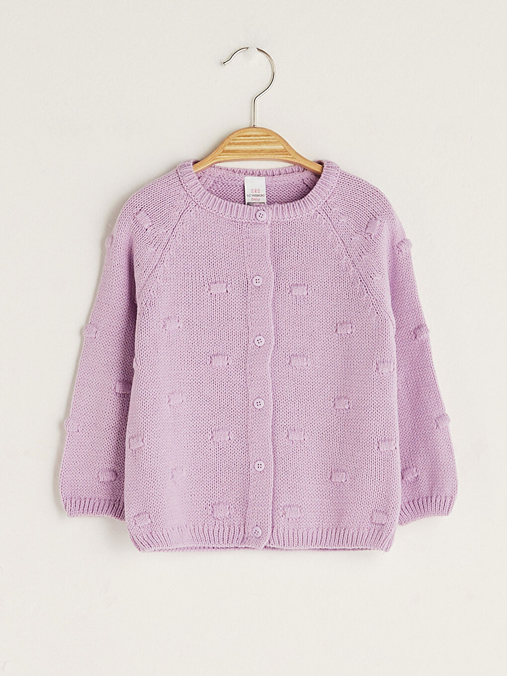 Lila Bisiklet Yaka Uzun Kollu Kendinden Desenli Kız Bebek Triko Hırka