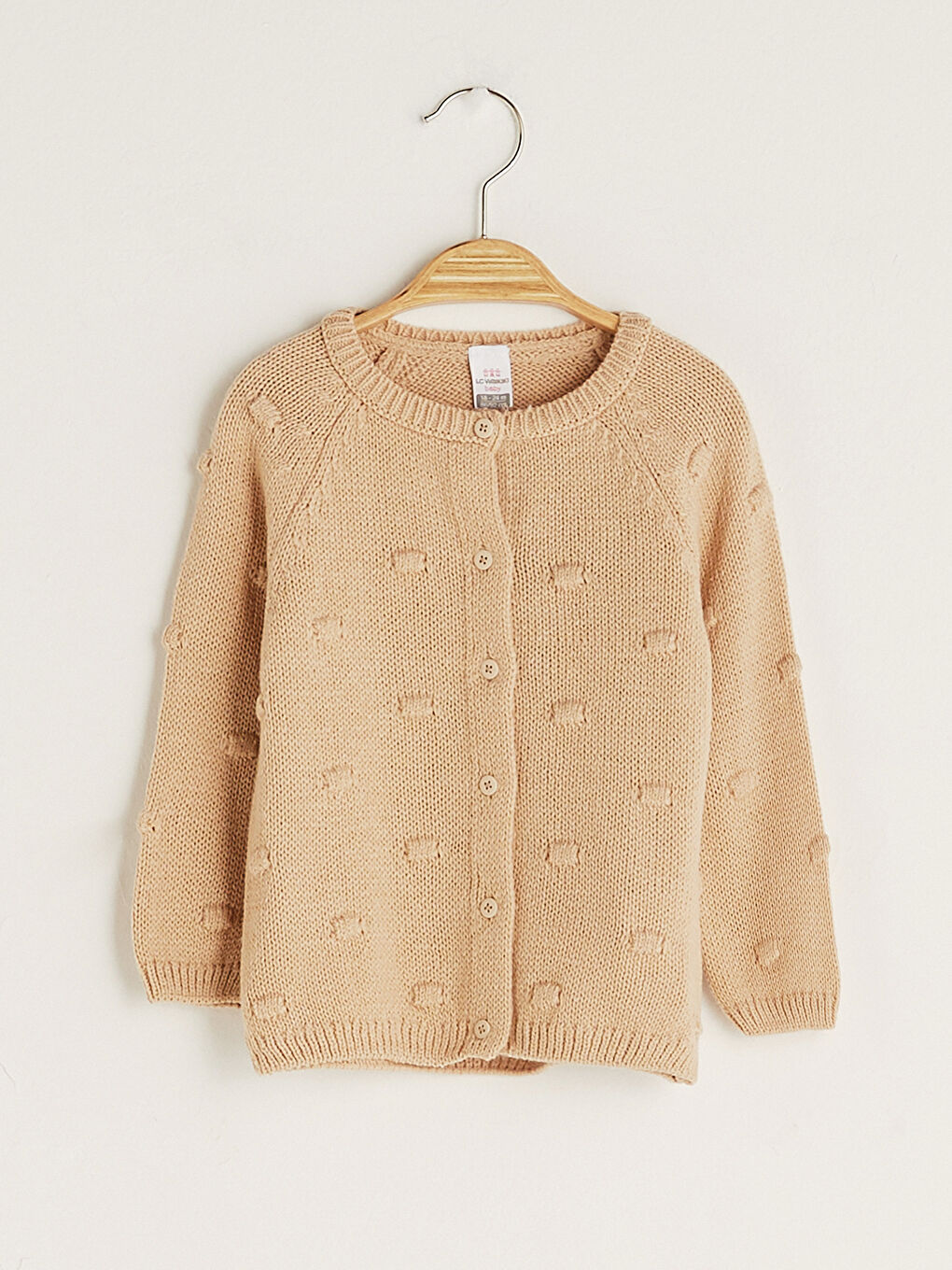 Kahverengi Bisiklet Yaka Uzun Kollu Kendinden Desenli Kız Bebek Triko Hırka