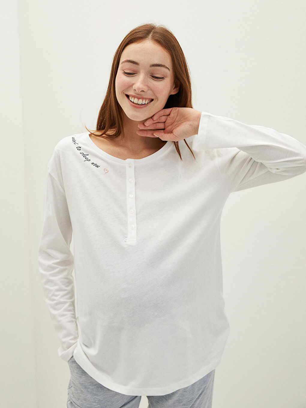 Komplet pidžame za trudnice od pamuka sa štampom, okruglim izrezom i dugim rukavima-2