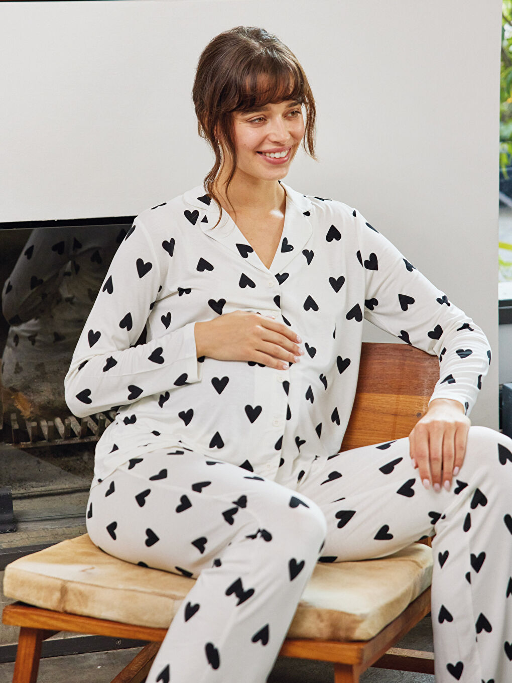 Shirt Collar Heart Patterned Long Sleeve Viscose Maternity Pajamas Set