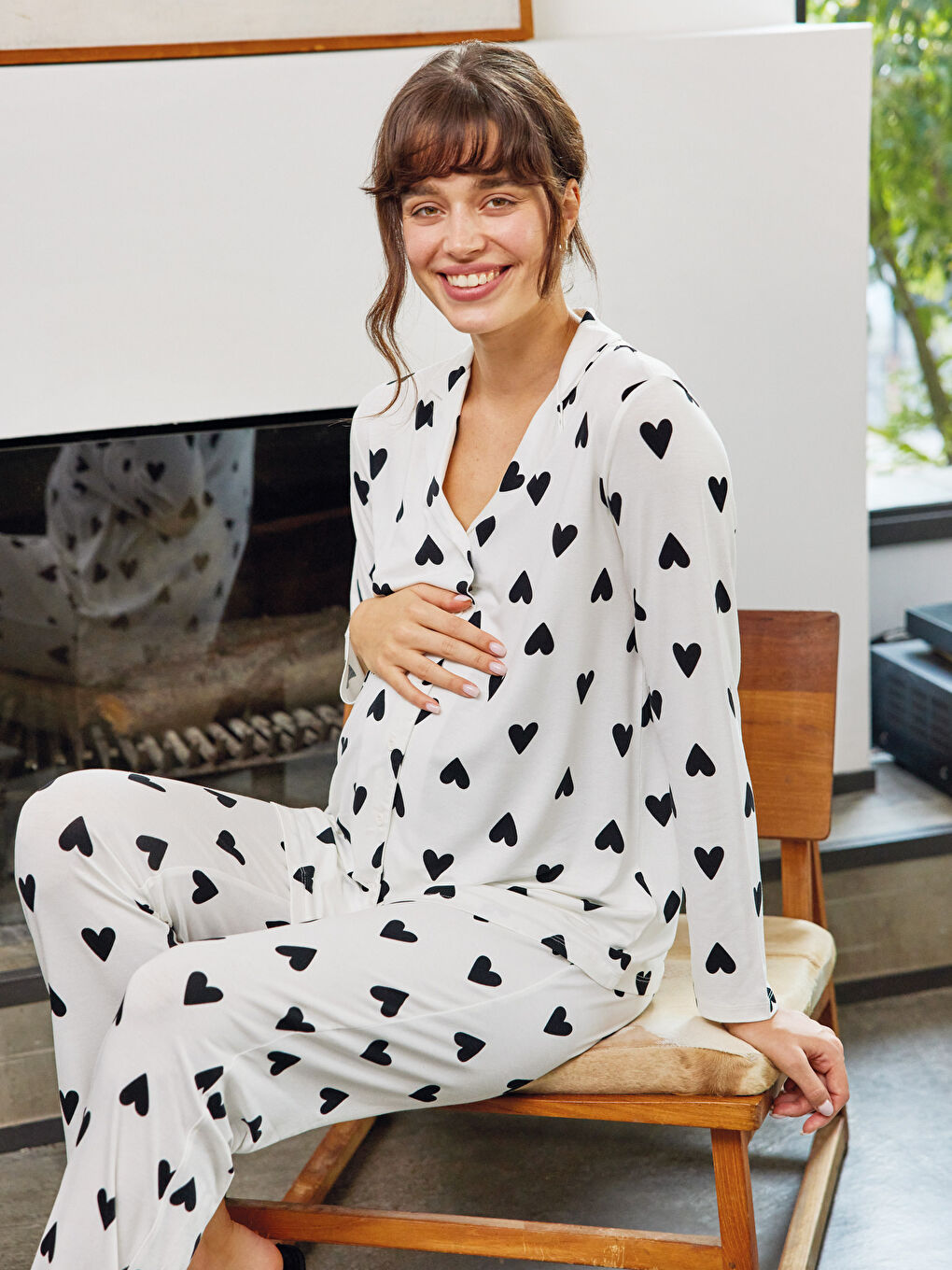 Shirt Collar Heart Patterned Long Sleeve Viscose Maternity Pajamas Set-1