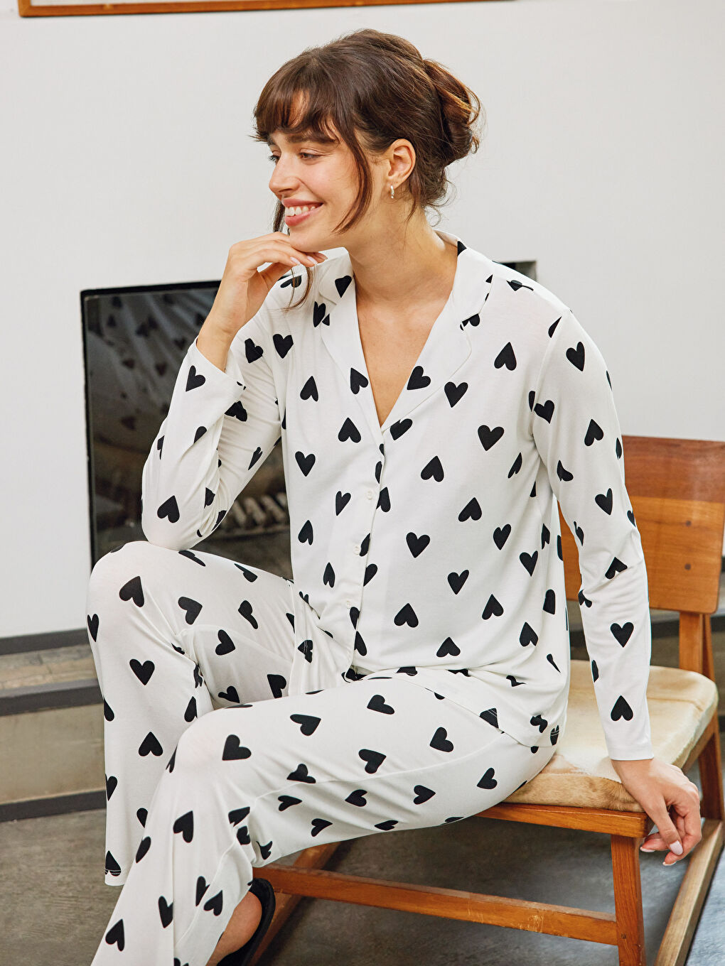 Shirt Collar Heart Patterned Long Sleeve Viscose Maternity Pajamas Set-2