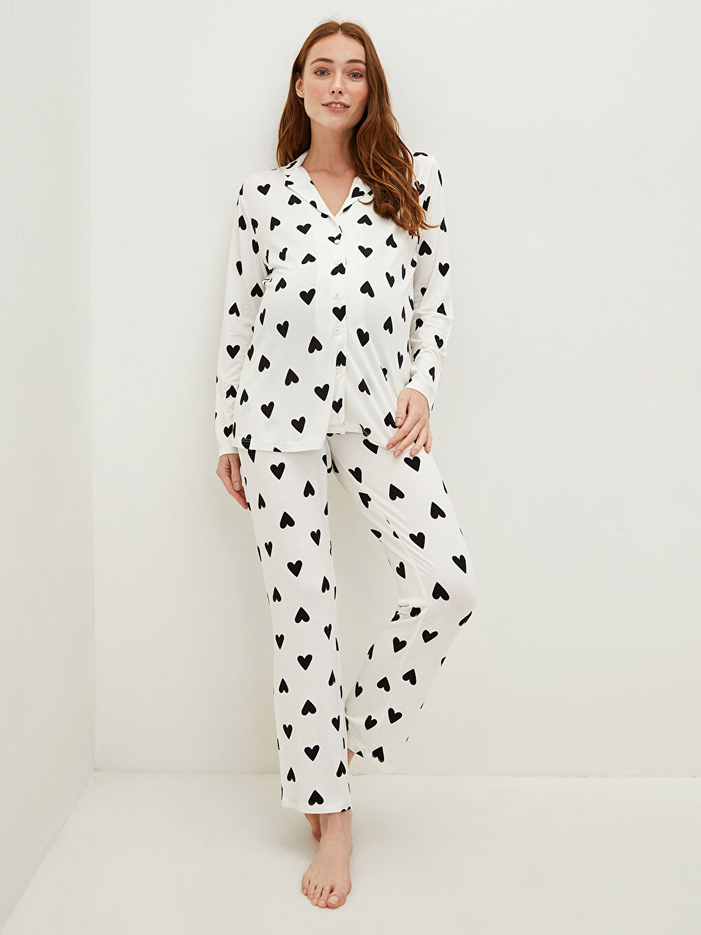 Shirt Collar Heart Patterned Long Sleeve Viscose Maternity Pajamas Set-3