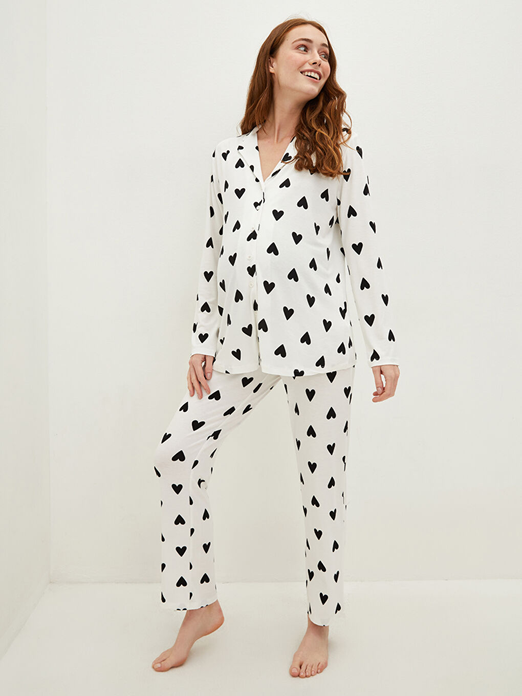 Shirt Collar Heart Patterned Long Sleeve Viscose Maternity Pajamas Set-4