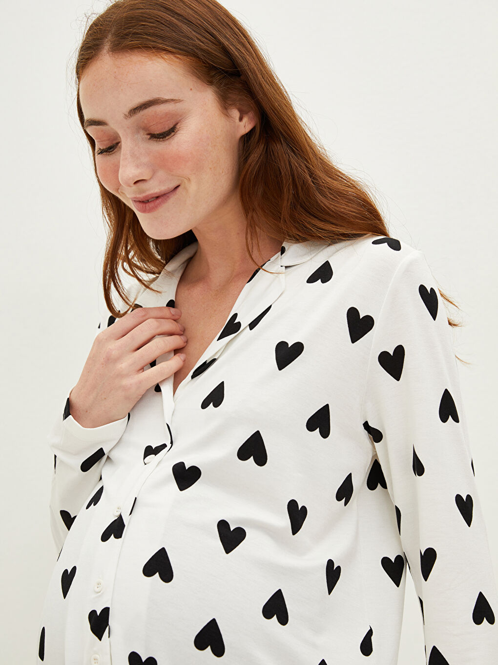 Shirt Collar Heart Patterned Long Sleeve Viscose Maternity Pajamas Set-5