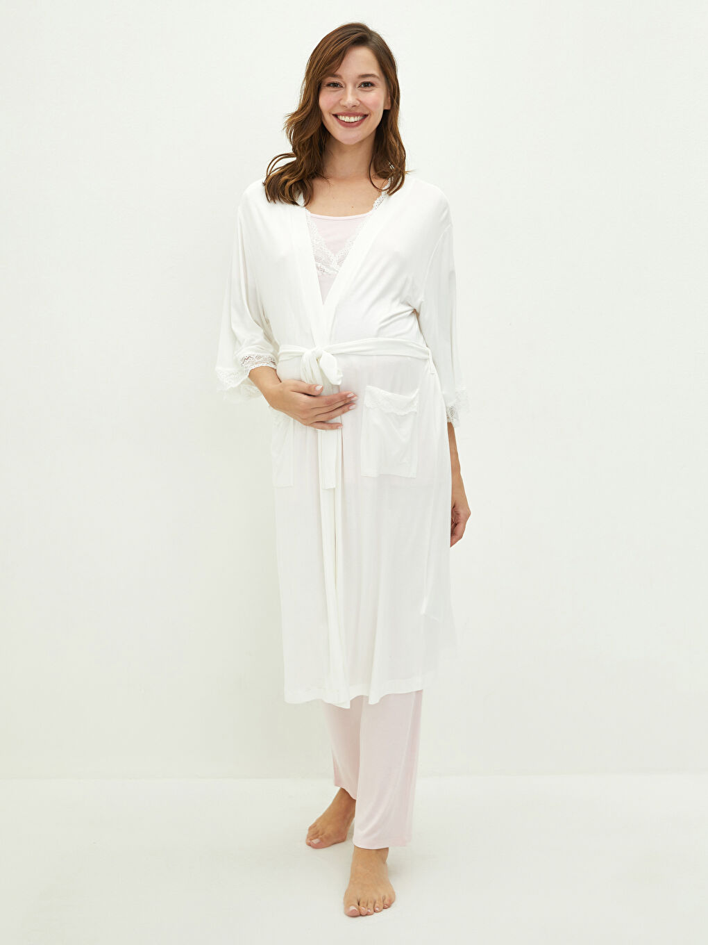 V Neck Embroidered Long Sleeve Viscose Maternity Dressing Gown-1