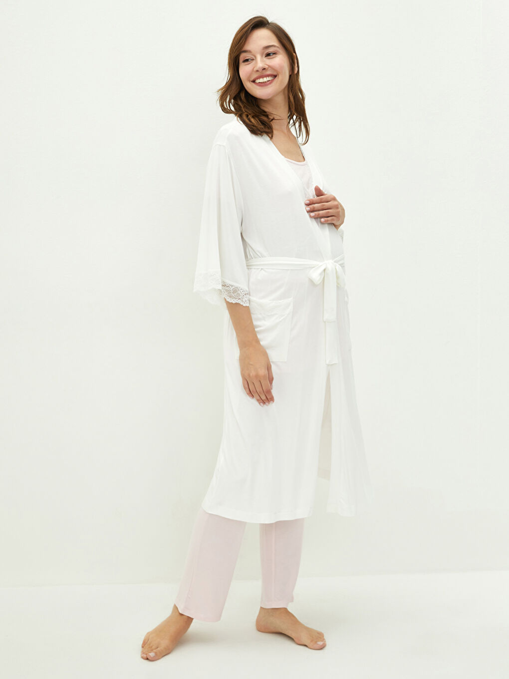 V Neck Embroidered Long Sleeve Viscose Maternity Dressing Gown-2