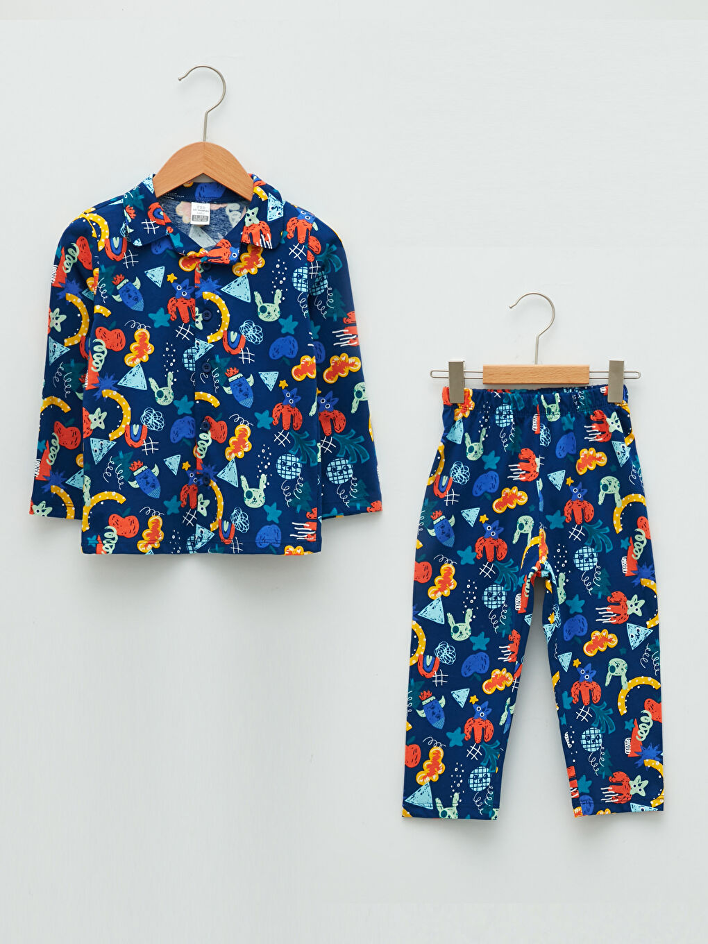 Shirt Collar Long Sleeve Printed Cotton Baby Boy Pajamas Set