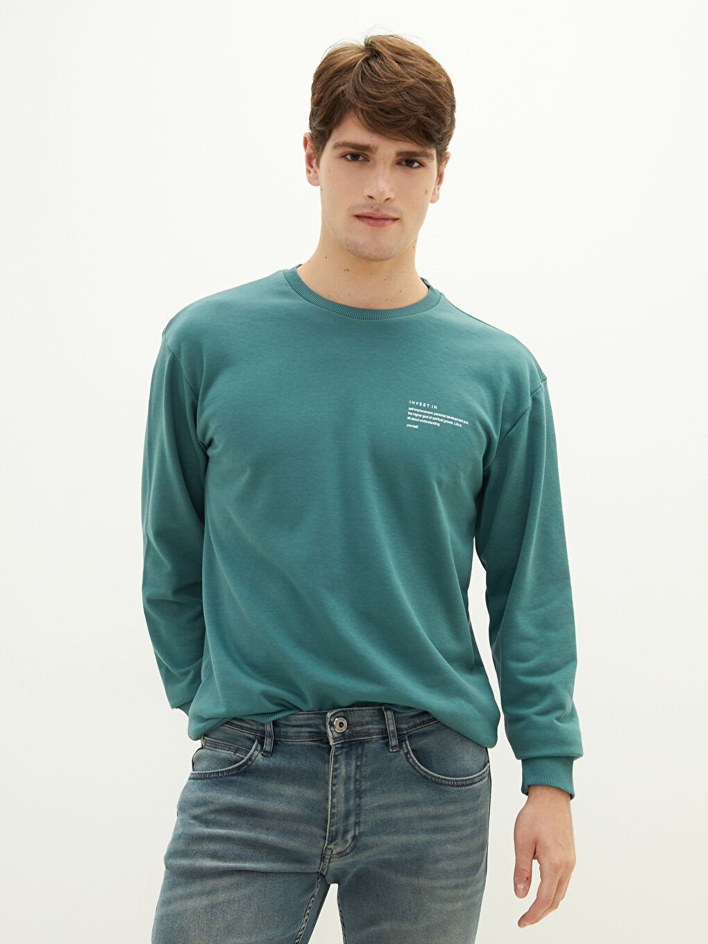 Yeşil Bisiklet Yaka Uzun Kollu Kalın Erkek Sweatshirt