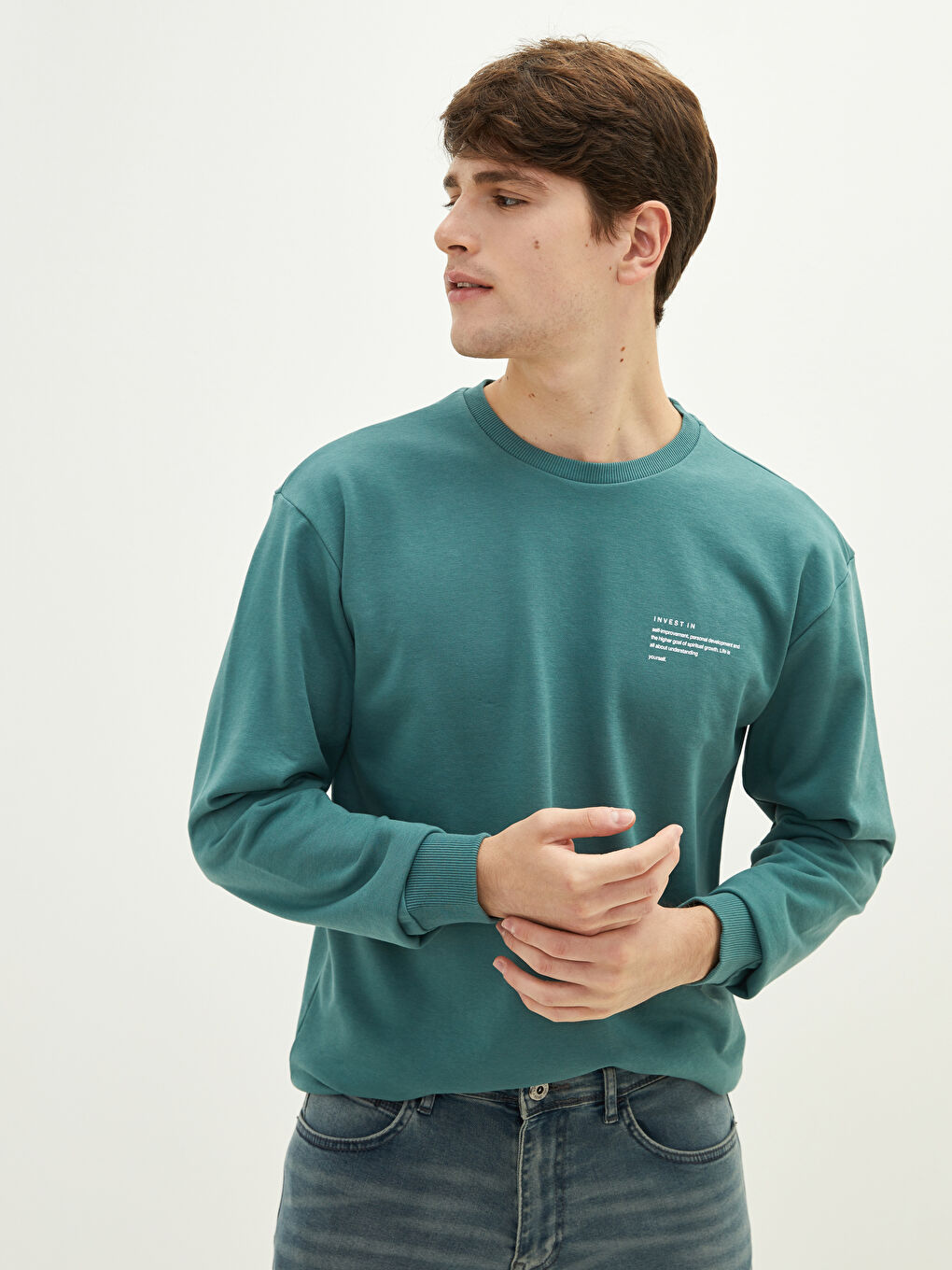 Yeşil Bisiklet Yaka Uzun Kollu Kalın Erkek Sweatshirt-1