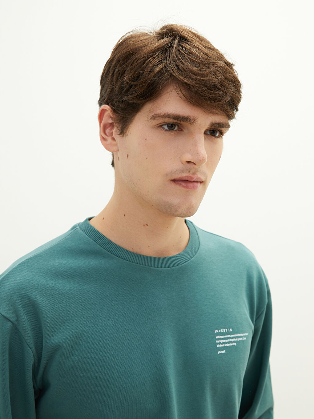 Yeşil Bisiklet Yaka Uzun Kollu Kalın Erkek Sweatshirt-3