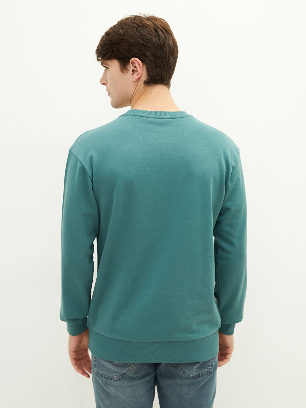 Yeşil Bisiklet Yaka Uzun Kollu Kalın Erkek Sweatshirt-4