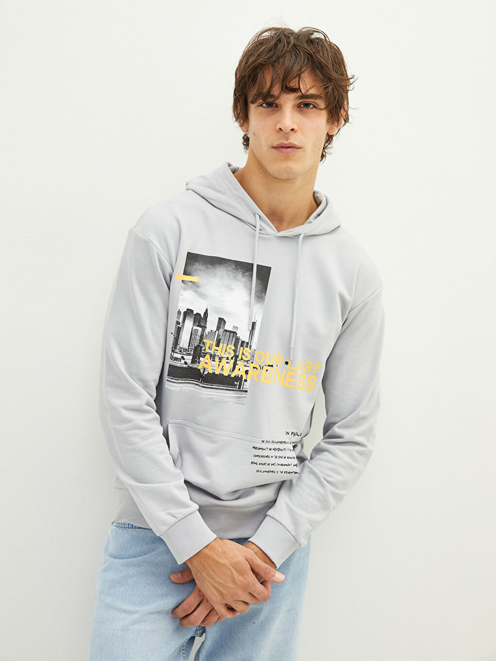 LCW Casual Açık Gri Uzun Kollu Baskılı Erkek Hoodie - 2