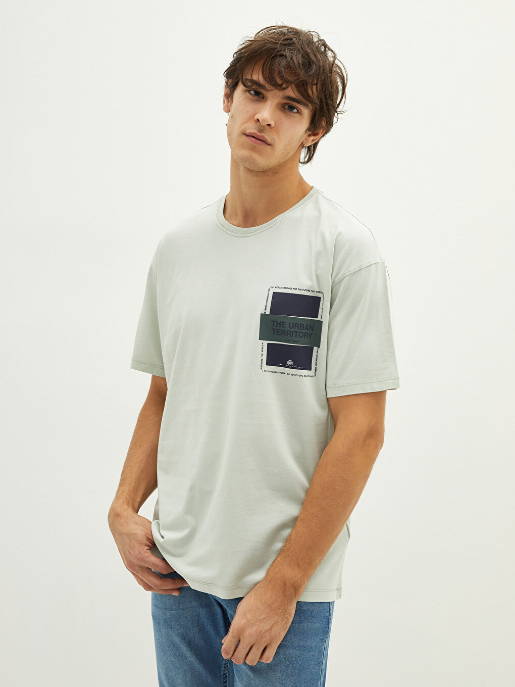 Haki Bisiklet Yaka Kısa Kollu Baskılı Penye Erkek Tişört