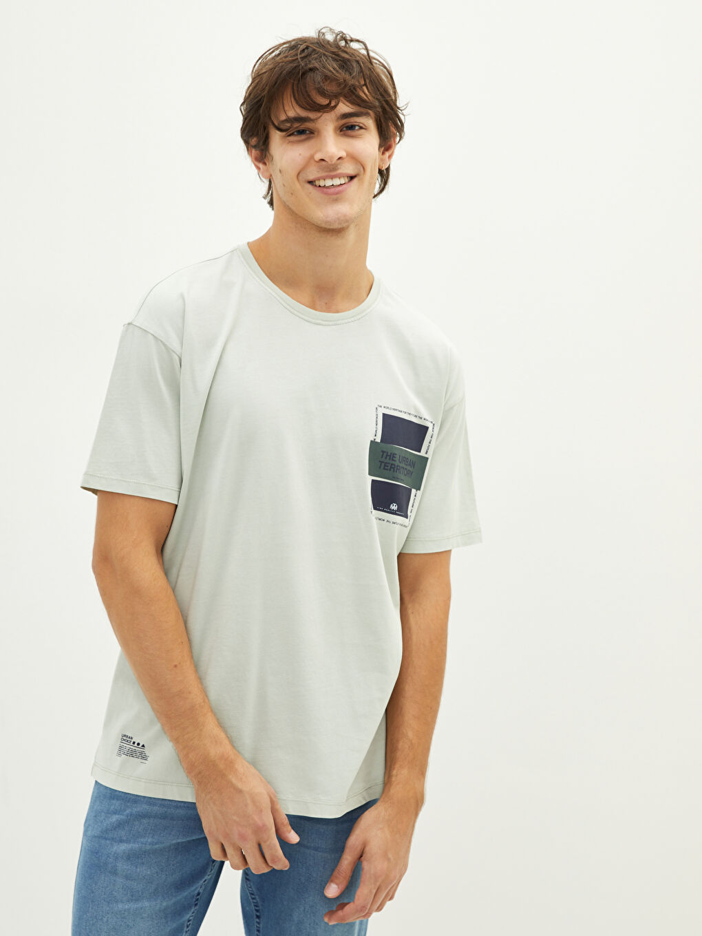 Haki Bisiklet Yaka Kısa Kollu Baskılı Penye Erkek Tişört-1