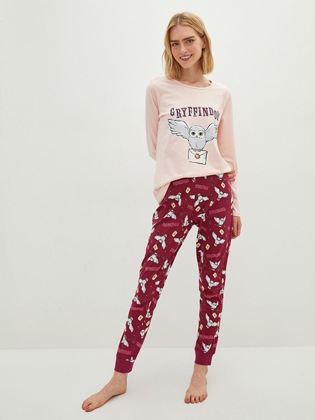 Ensemble de pyjama Harry Potter imprimé à col rond et manches longues pour femmes-1