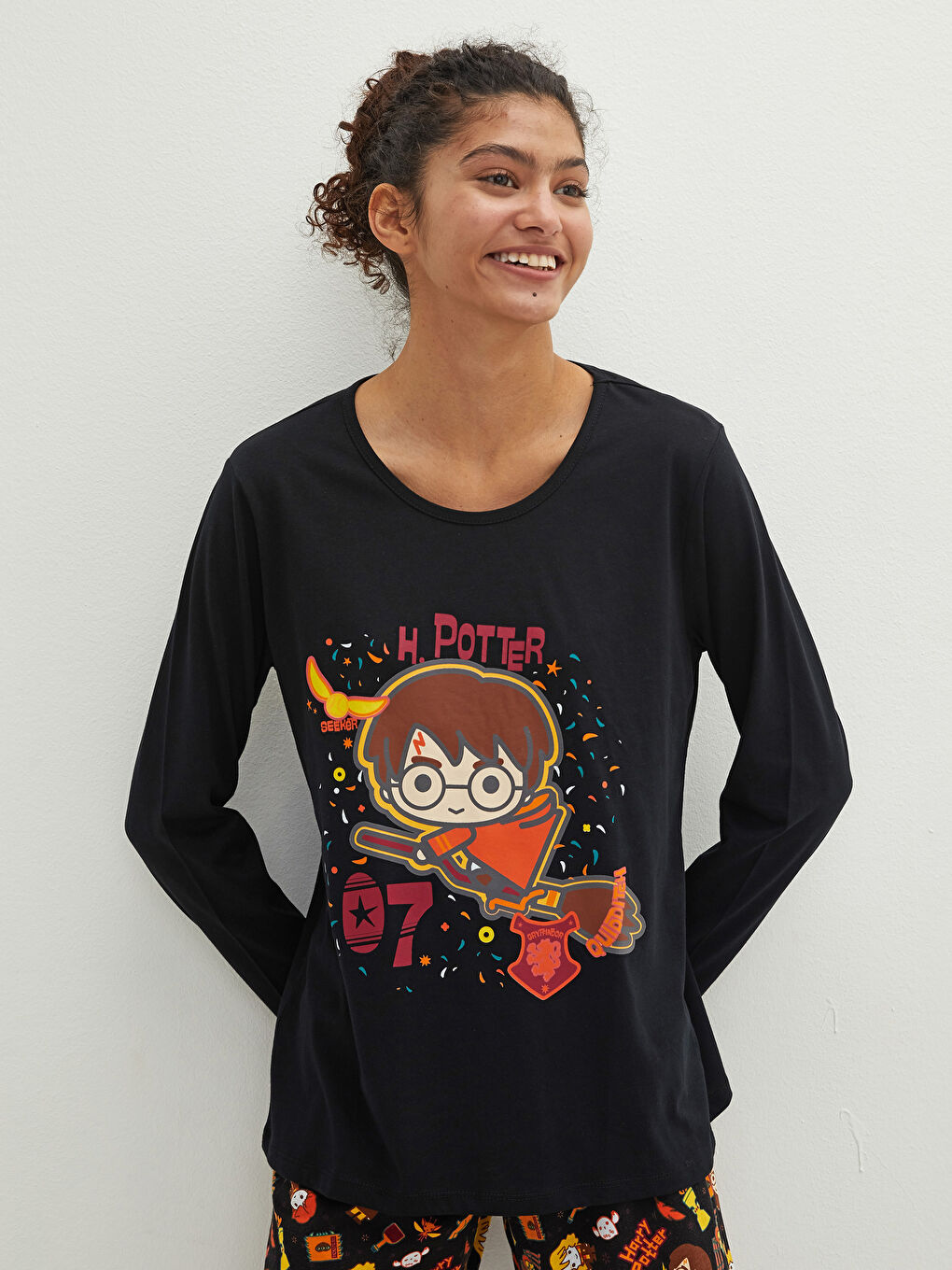 Crew Neck Harry Potter Printed Long Sleeve Cotton Women's Pajamas Set-2