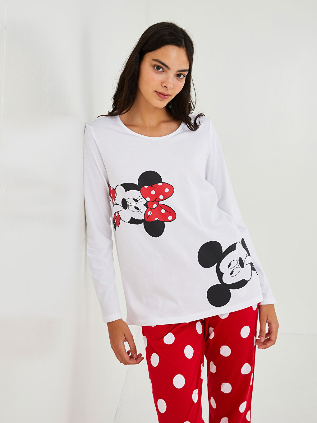 Rundhalsausschnitt Mickey Mouse Bedrucktes Langarm Baumwolle Pyjama-Set für Damen