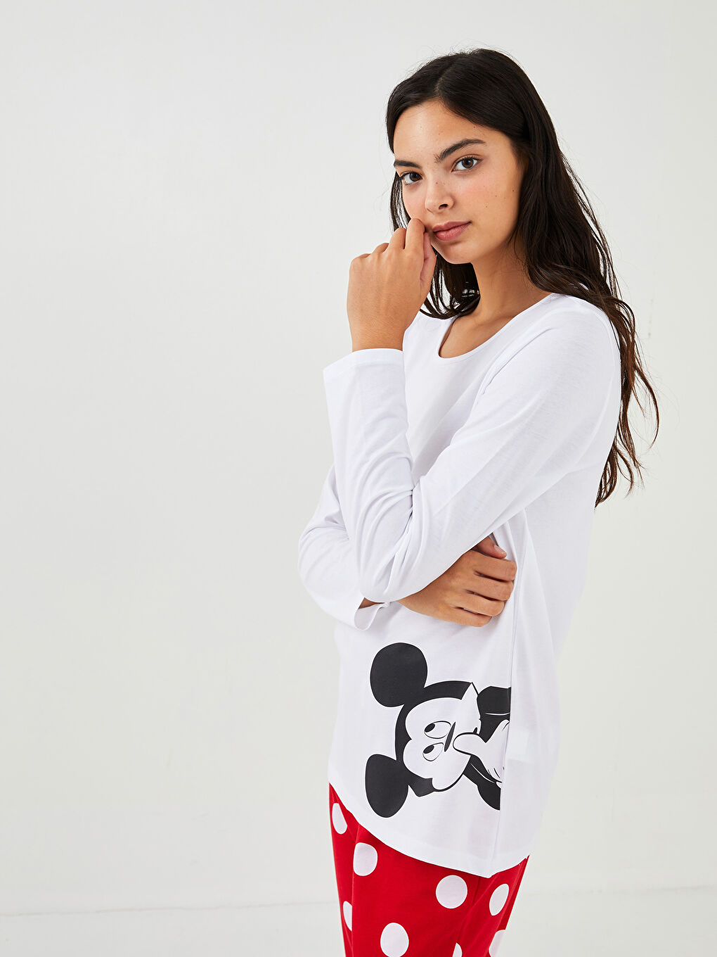 Rundhalsausschnitt Mickey Mouse Bedrucktes Langarm Baumwolle Pyjama-Set für Damen-1