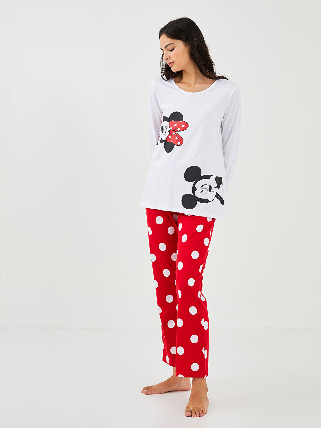 Rundhalsausschnitt Mickey Mouse Bedrucktes Langarm Baumwolle Pyjama-Set für Damen-3