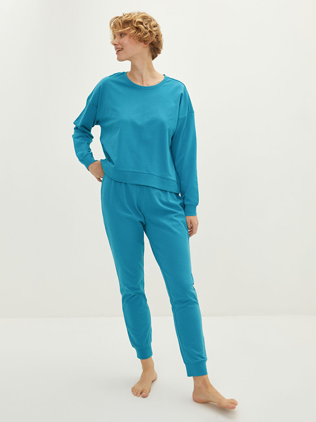 Crew Neck Straight Long Sleeve Cotton Women's Pajamas Set-2