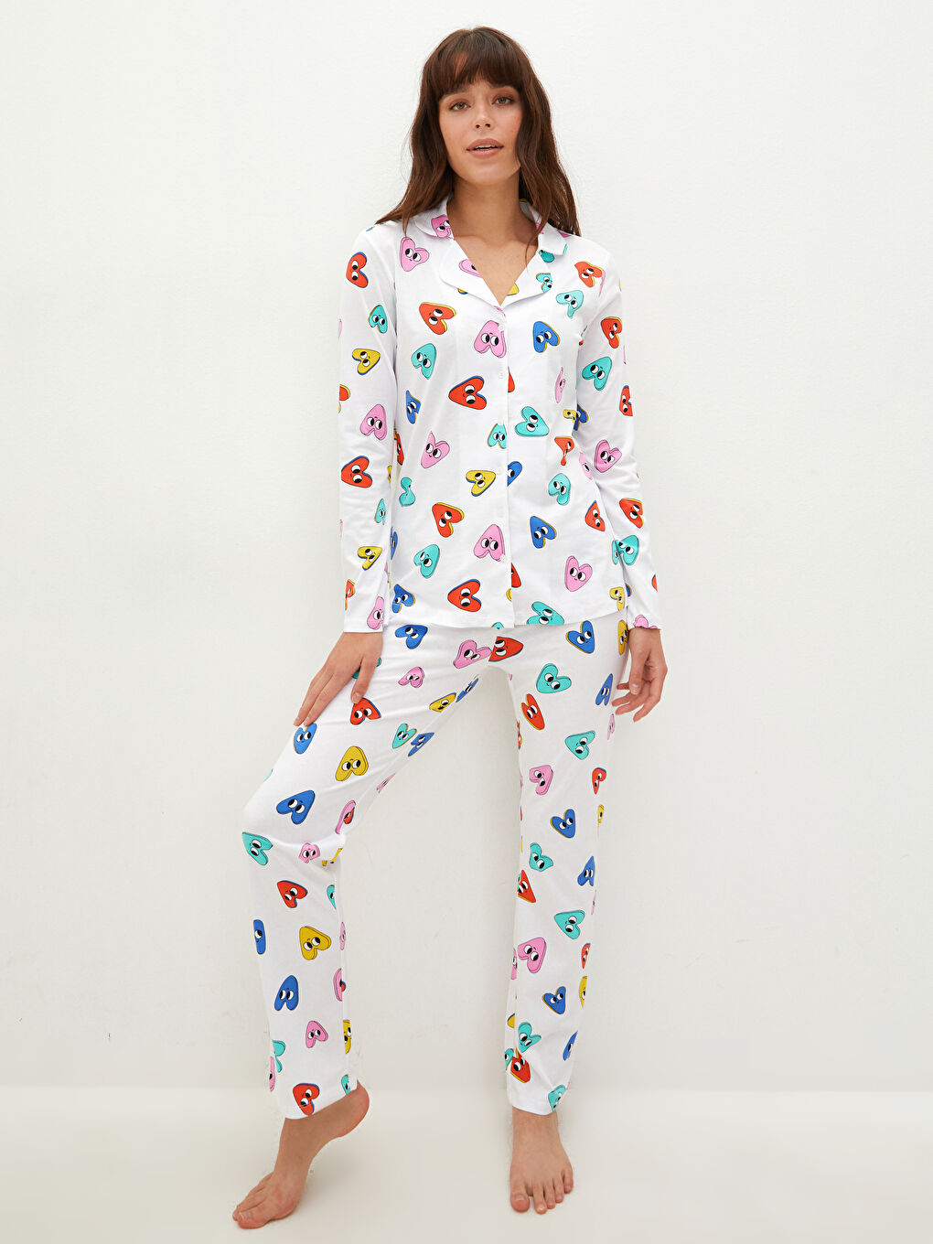 Beyaz Gömlek Yaka Baskılı Uzun Kollu Kadın Pijama Takımı-1