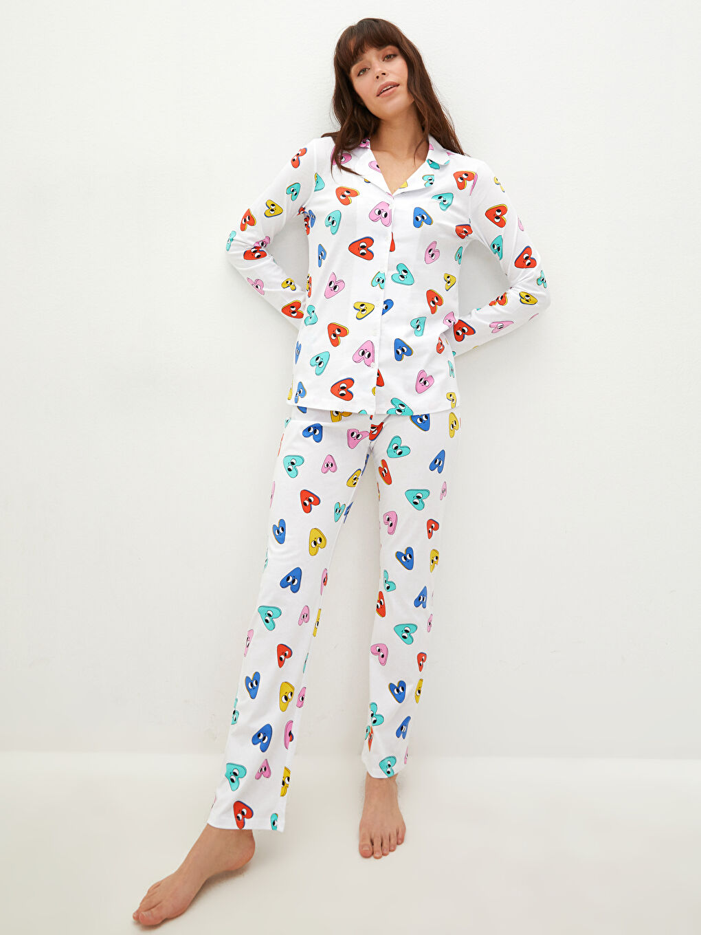 Beyaz Gömlek Yaka Baskılı Uzun Kollu Kadın Pijama Takımı-2