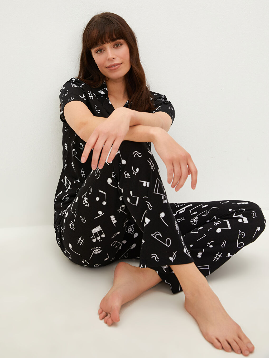 Collared Neck Printed Short Sleeve Women's Pyjama Set