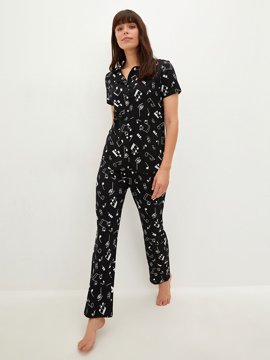 Collared Neck Printed Short Sleeve Women's Pyjama Set-1