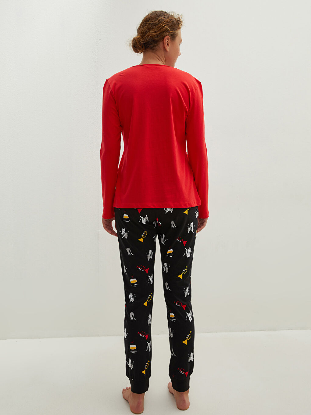 Kırmızı Bisiklet Yaka Baskılı Uzun Kollu Pamuklu Kadın Pijama Takımı-5